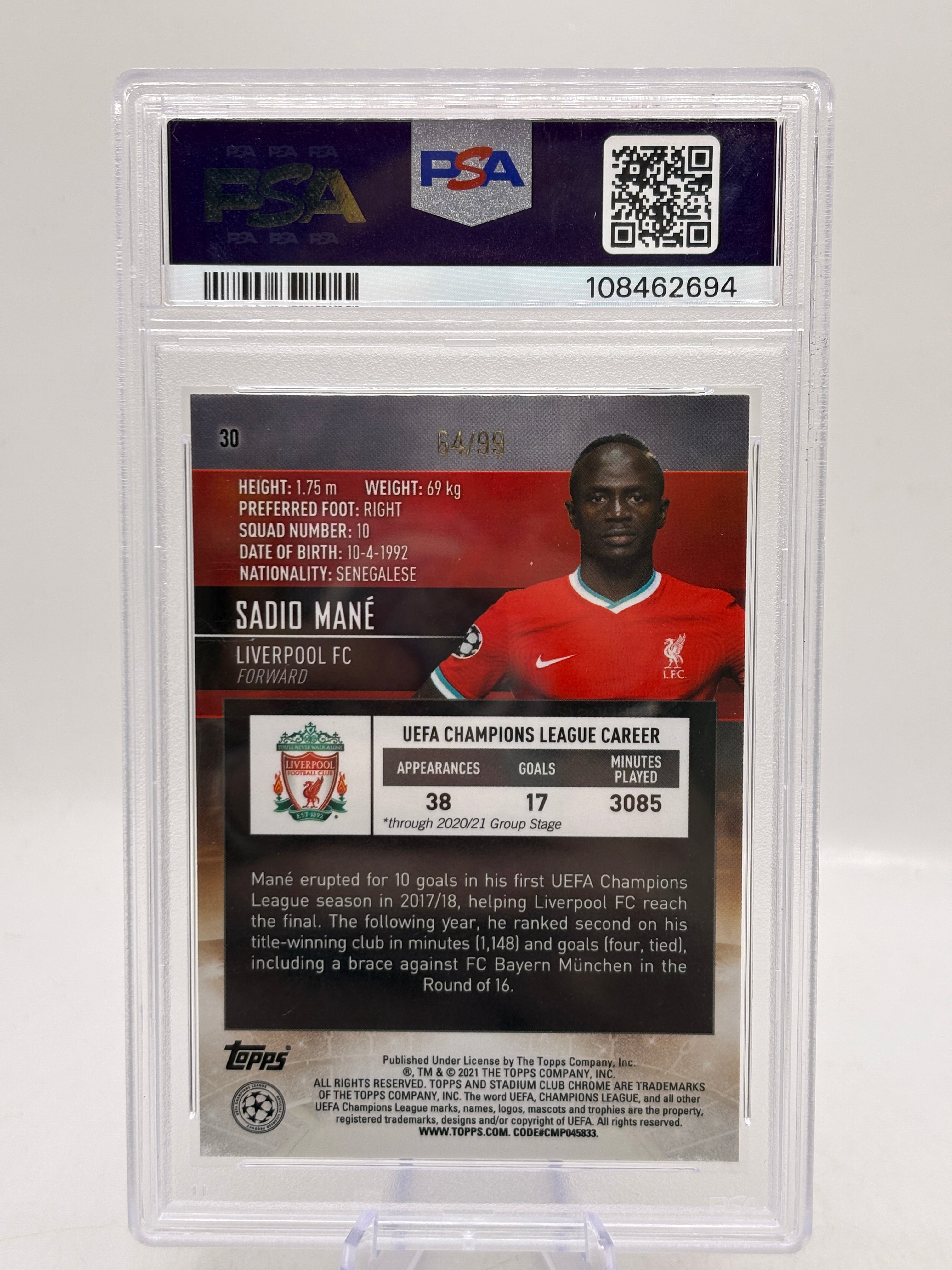 2020-21 Stadium Club Chrome UCL - Sadio Mane Green Refractor /99 PSA 9 - photo 2